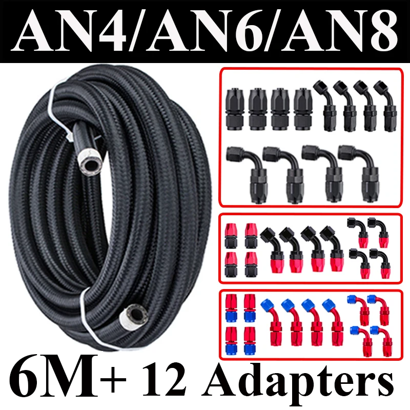 

6M AN4 AN6 AN8 Car Fuel Hose Oil Gas Cooler Hose Line Pipe Tube Nylon CPE Rubber 4x0 4x45 4x90 Degree Hose End Fittings Adapter