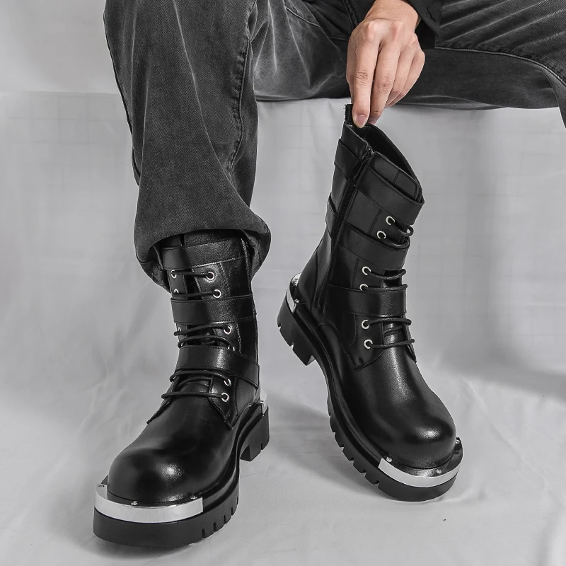 Men Chelsea Boots PU Solid Color Thick Sole Height Increasing High Top Metal Big Toe Workwear Boots image 2