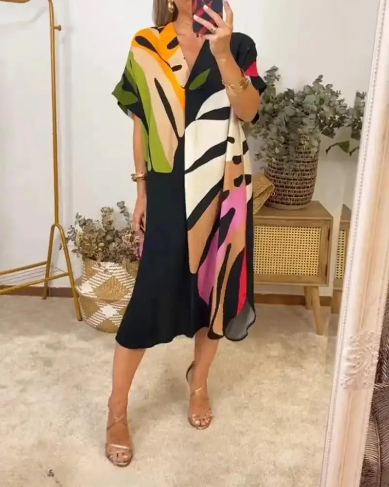 

Casual Contrasting Color Print Dress For Women Elegant V-neck Short Sleeved Loose Big Hem Dresses 2024 Summer Fashion New