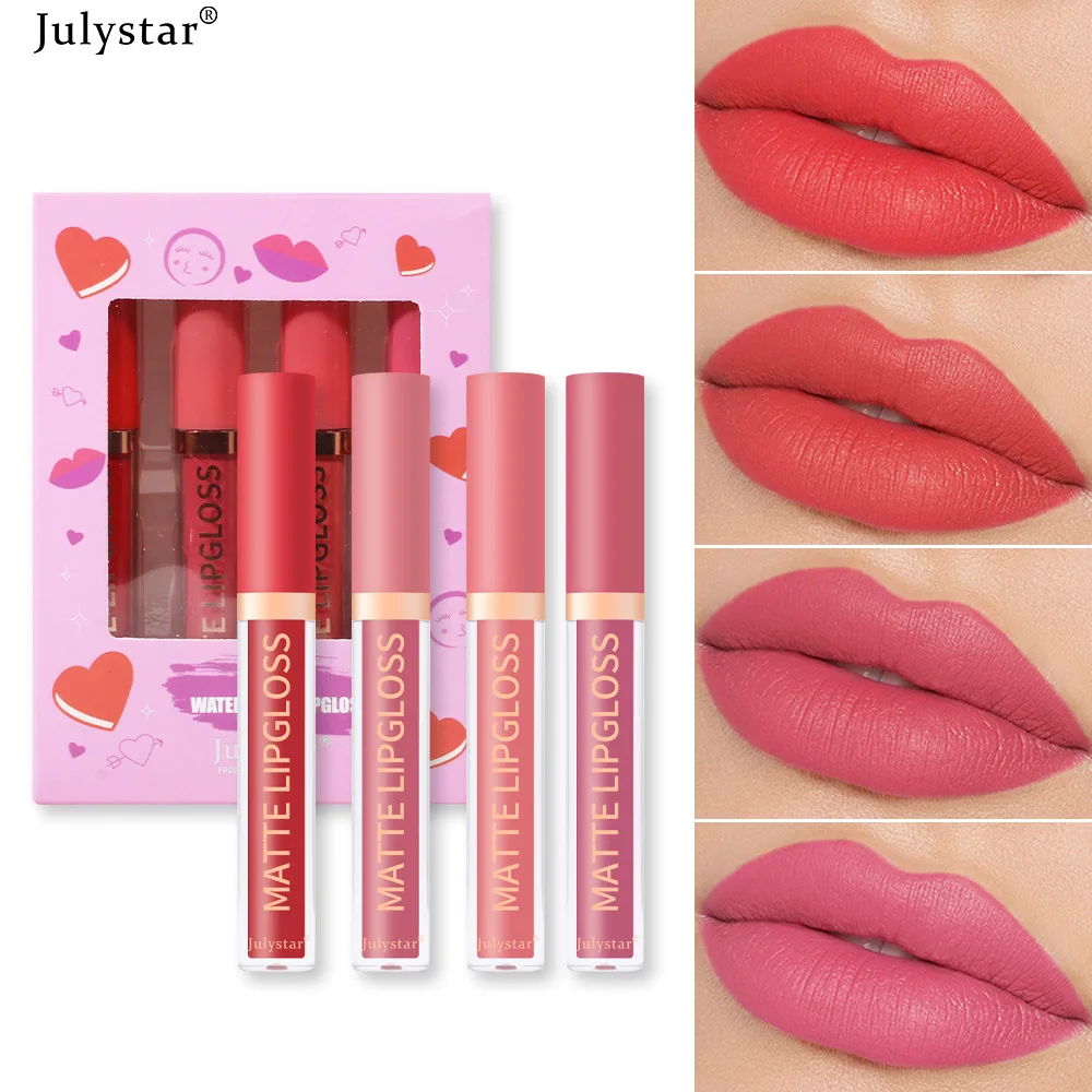 Julystar 4pcs/box Lipstick Set Matte Lip Glaze Multicolor Lip Makeup Women Cosmetic Lasting Non Fading Daily Cosmetics