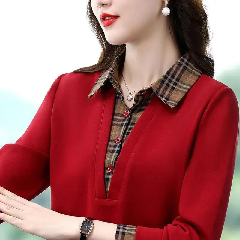 

Autumn Fashion Splicing Plaid Long-sleeved Women's Top Simple Fake Two Foreign Style Polo Shirt Designer T Shirt Women Luxury