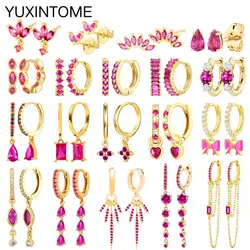 Pendientes de plata 925 para mujer, aretes de aro con forma de gota de agua/flor/Corazón, Piercing de cristal, joyería Huggie