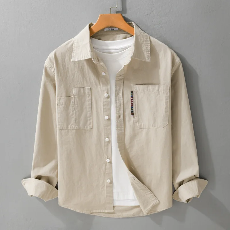 

Весенняя повседневная рубашка цвета хаки для мужчин в японском стиле, с длинным рукавом, с множеством карманов, из чистого хлопка, весенняя молодежная модная одежда