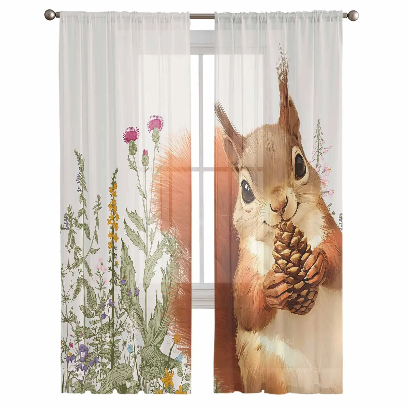 Autumn Herbs Squirrel Tulle Curtains for Living Room Bedroom Sheer Voile Curtain Home Decor Kitchen Curtain