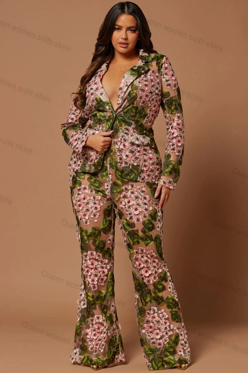 Designer Bloemen Damespak Broek Set 2 Delige Blazer + Broek Formele Office Lady Jasje Feest Prom Dress Luxe Op Maat Gemaakt