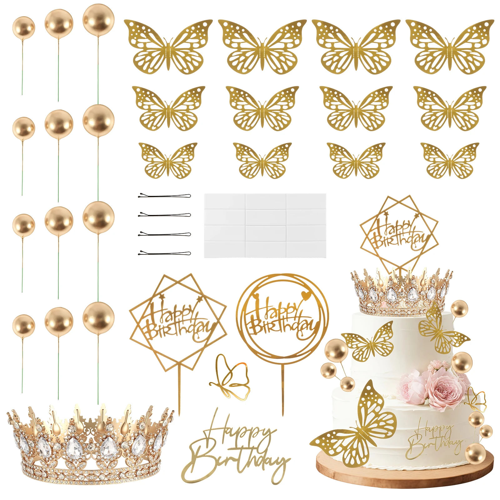 33 Pcs Happy Birthday Cake Topper Acrylic Crown Cake Toppers Baby Shower Cake Birthday Party Cake Flag Dessert Cake Decorations