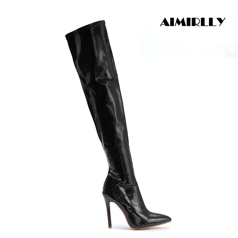 

Stone Pattern Over the Knee Boots For Women with Pointed Toe High Heels Side Zipper Ladies Winter Fashion Long Boots White Black