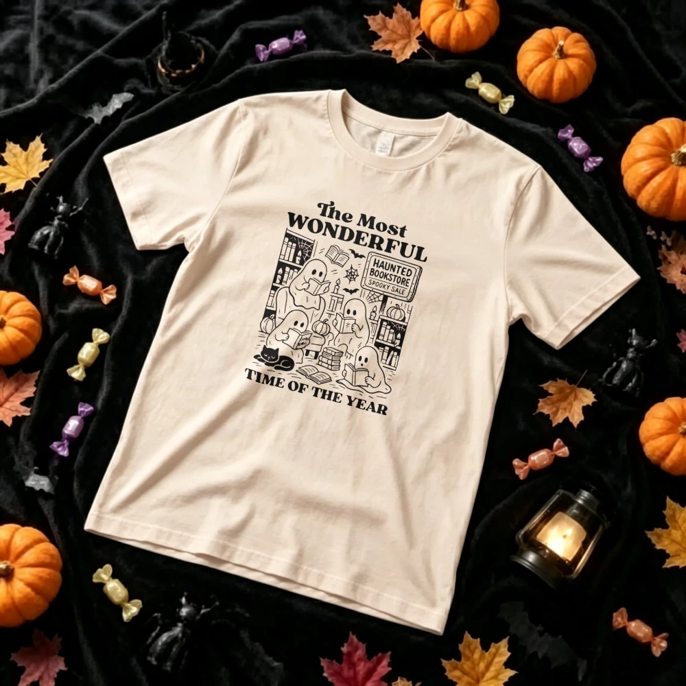 The Most Wonderful Time of The Year Ghost Bookstore T‑Shirt Haunted Bookstore Reading Ghosts Cat Bat Spooky Halloween Bookish