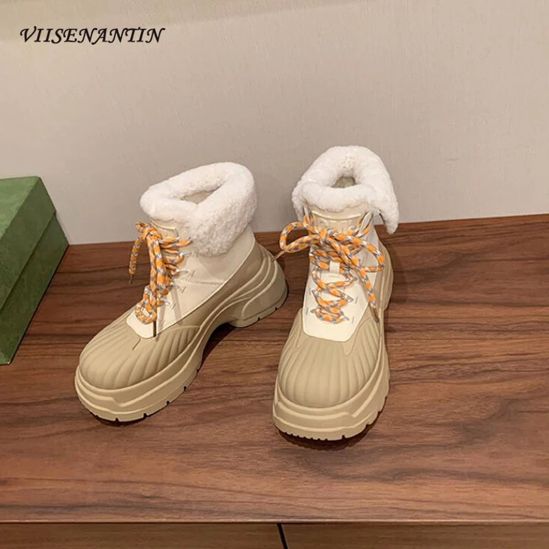 

Winter New Real Fur Snow Boots Lace Up Platform Height Increasing Ankle Boots Women Round Toe Warm Plush in Matin Boots Females
