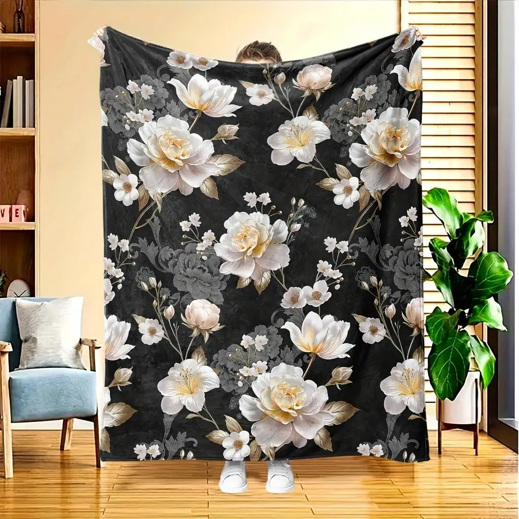 1pc Black and white floral pattern with gold accents, polyester fabric, machine washable, suitable for bedrooms and living rooms