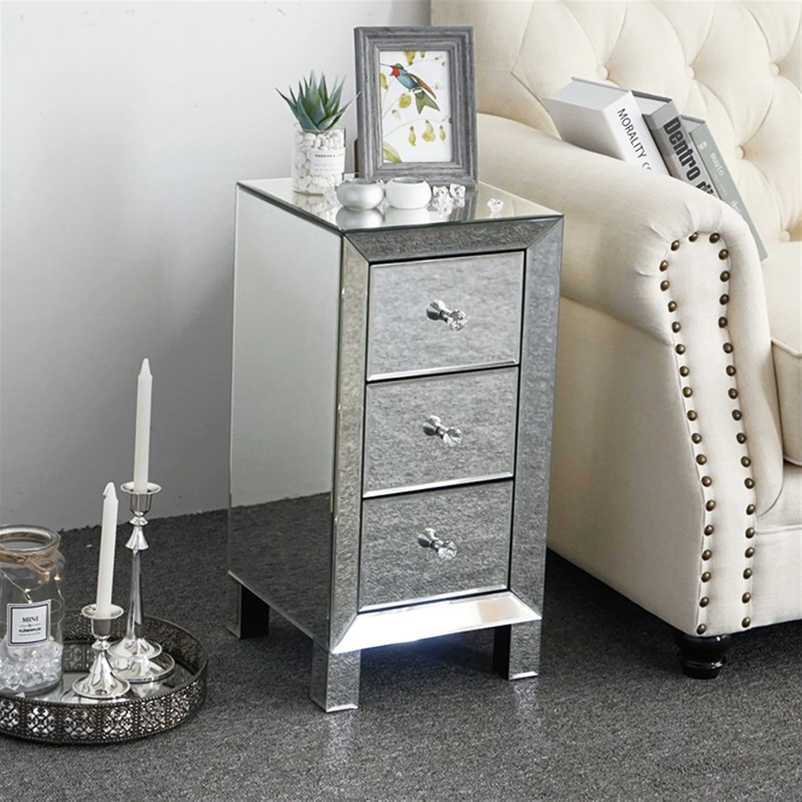 Elegant Modern Mirrored 3-Drawer Nightstand, Side table, Small Chest of Drawers for Bedroom Living Room