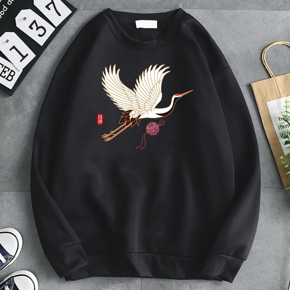 

Antiquity Style Hoodies Crane Print Men Casual Sweatshirts Hip Hop Vintage Men's Harajuku Hoody Soft Fashion Plus Size Clothes