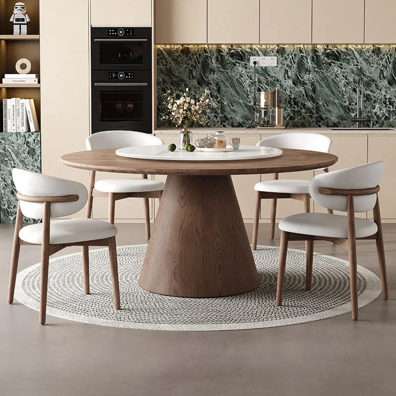 

Vintage style full solid wood round dining table, minimalist home round table, Italian style with turntable, slab restaurant