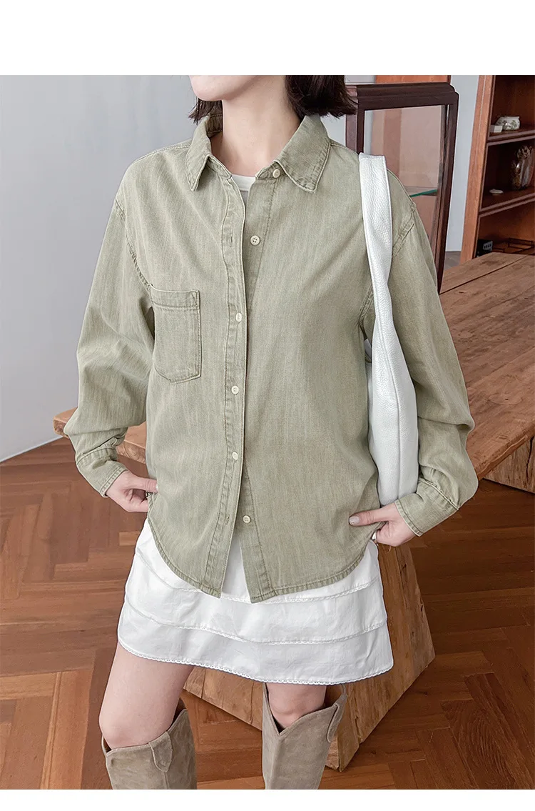 

Autumn and winter women's casual solid color lapel long sleeved pocket decoration loose shirt