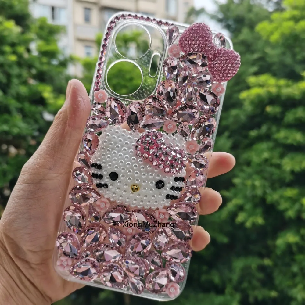 Étui Hello Kitty avec nœud en strass pour Xiaomi POCO X7 Pro X6 X5 X4 X3 NFC F5 F6 F7 F8C85 C65 C75 M5 M6 M7, coque brillante avec diamants