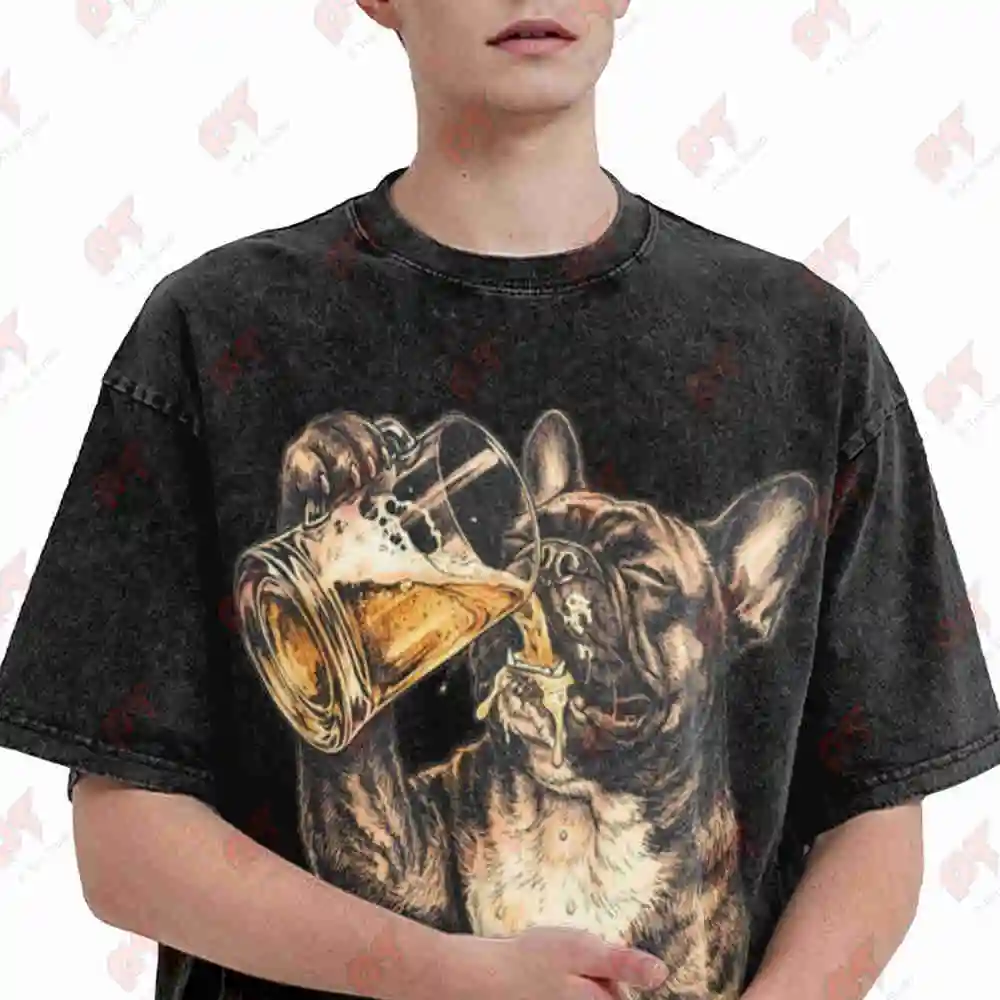 French Bulldog Beer Vintage Washed Tee Pure Cotton T-Shirt