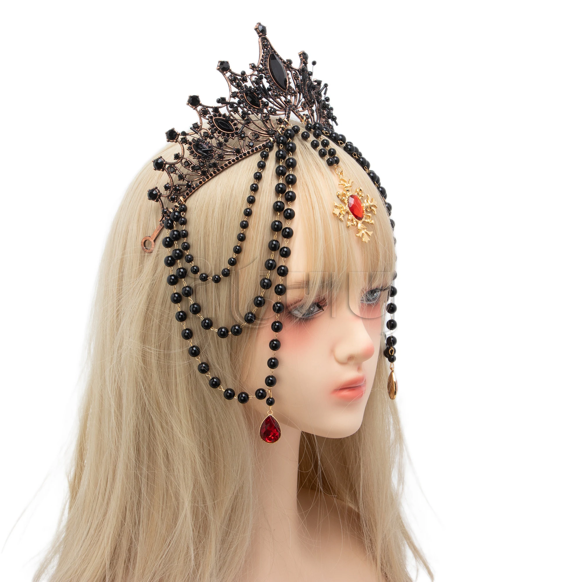 Lolita Gorgeous Vintage Mary Baroque Tiara Black Bead Chain Goddess Sun Bride KC Crown Halloween Cosplay Headwear
