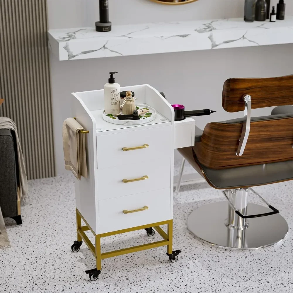 Salon Trolley, Glass Top Hair Salon Stations Cabinet with Dryer Holder Stylist Equipment, Drawer Barber Salon Furniture (White)