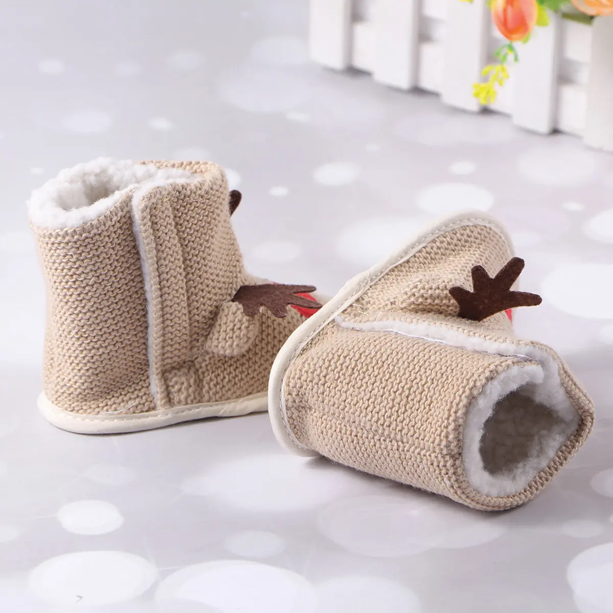Adorable Christmas Elk Baby Boots Warm Cotton Winter Footwear Non-Slip Sole Infant Shoes Size 1 Beige 13Cm Baby's Boots