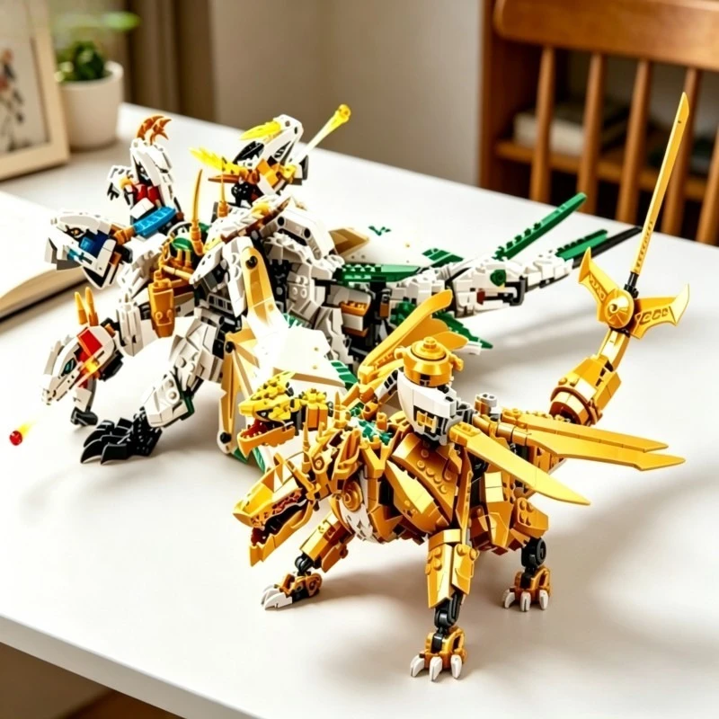 MOC Ice Dragon 4 Head Golden Ultra Dragon Building Blocks Toys for Birthday Gifts