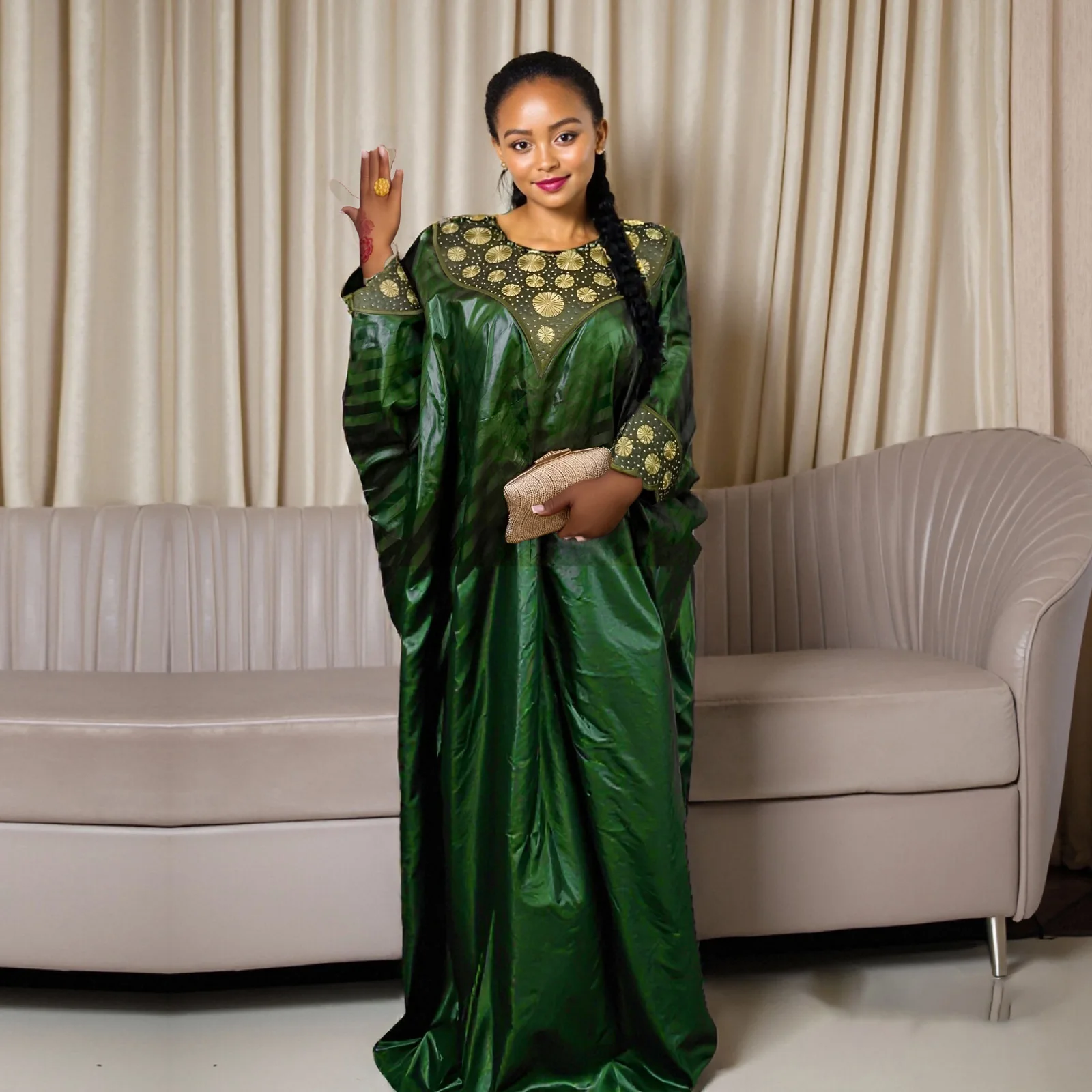 Afrikanisches Kleid für Damen, Abaya mit Stickerei, große Größen, elegantes Party- und Kirchenkleid – Detail 2