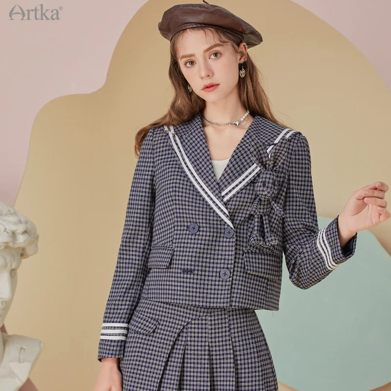 ARTKA 2022 Spring New Women Suits Preppy Style Sailor Collar Plaid Blazer Jacket 3 Piece Set A-Line Pleated Shorts WA29021C