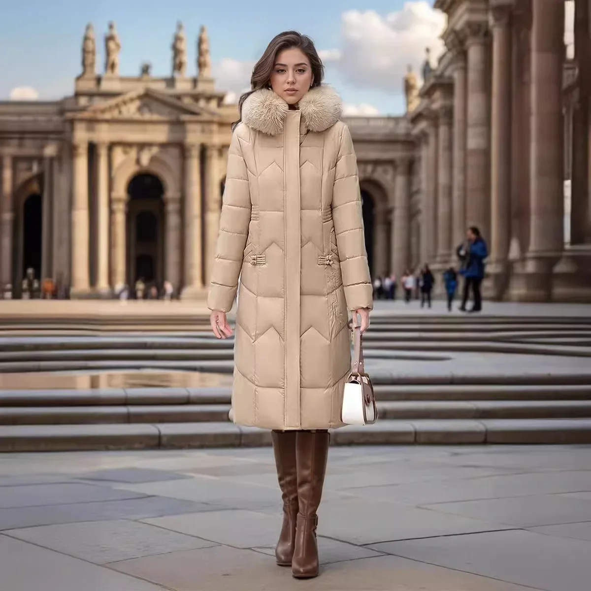 

2025 Women's Cotton Jacket Winter Long Thicken Fur Collor Parka Coats Female Pure Color Hooded Slimming Women's Padded Jacket