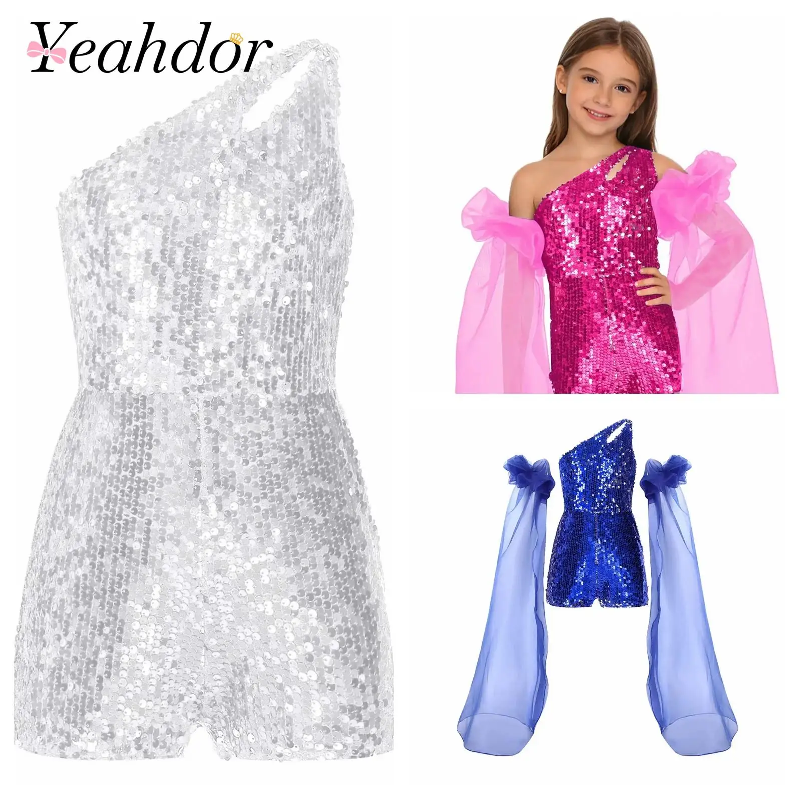Kids Girls Shiny Sequin Rompers with Puff Sleeves One Shoulders Sleeveless Jumpsuit Prom Dance Performance Birthday Party Wear