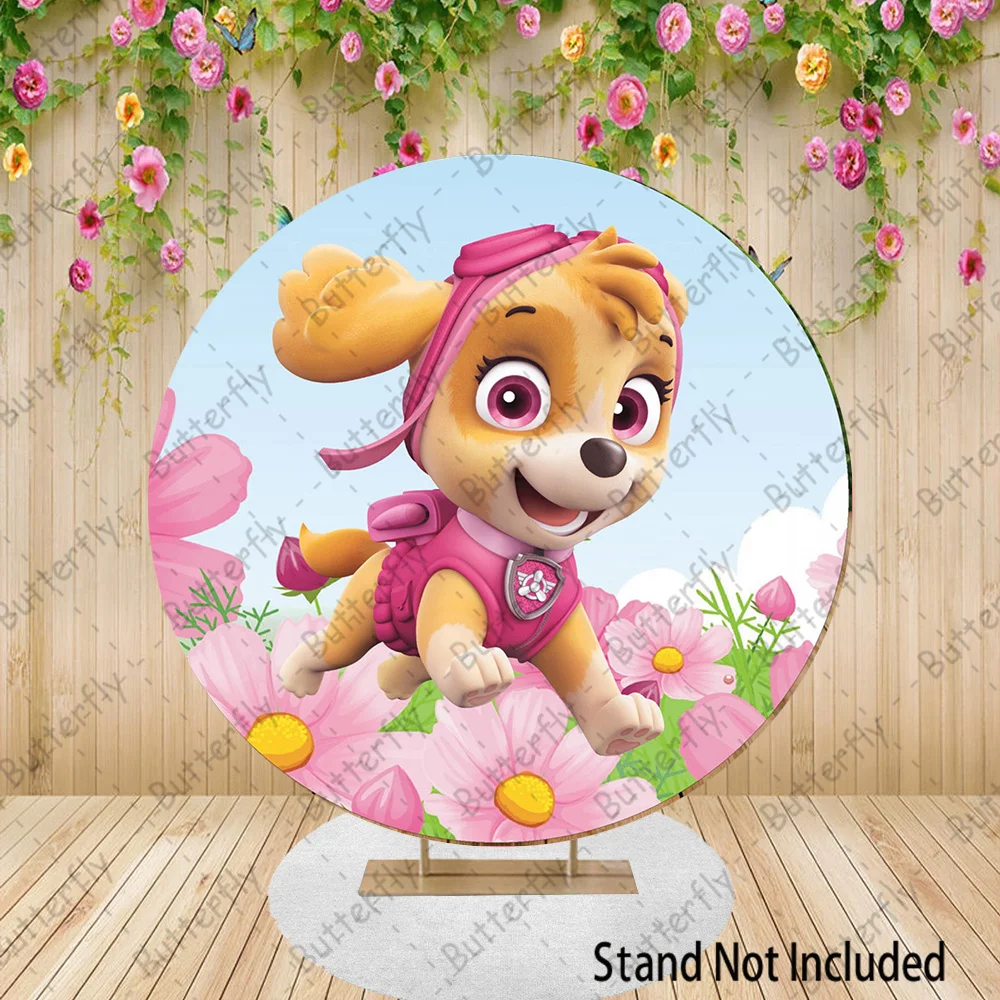 

Flying dog Skye Pink Girls Cloud Backdrop Flowers Paw Patrol Dog Rescue Cartoon Round Photography Baby Shower Background Banner