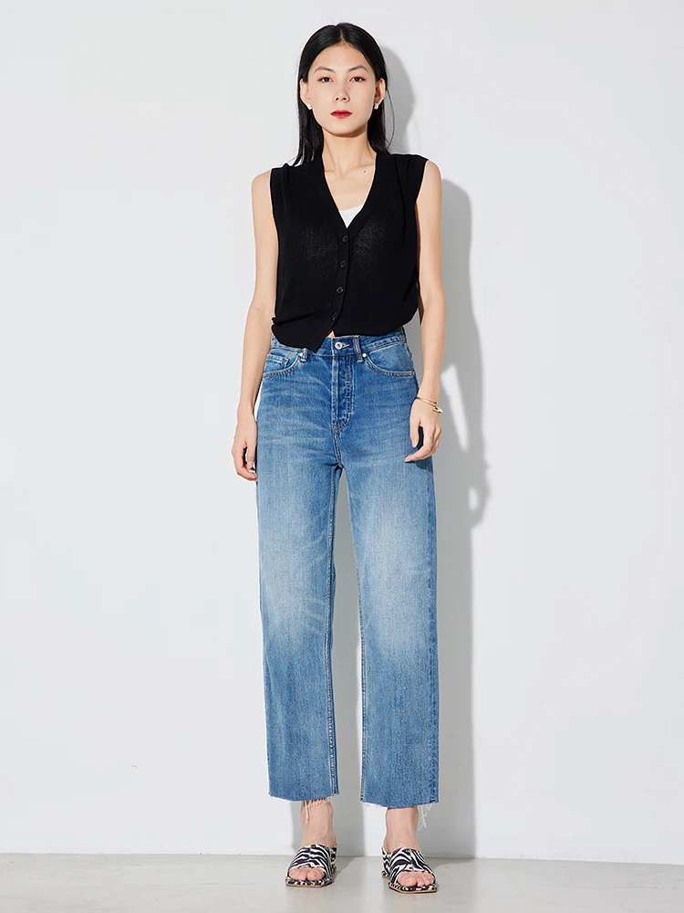 

Джинсы RUGOSAM с высокой талией и прямыми штанинами, женские, облегающие, укороченные, RB038, удобные, модные, повседневные, джинсовые брюки