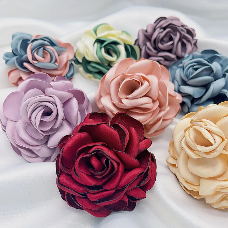 5Pcs 8CM Handmade DIY Large Satin Fabric Artificial Rose Flowers For Wedding Party Craft Home Decoration