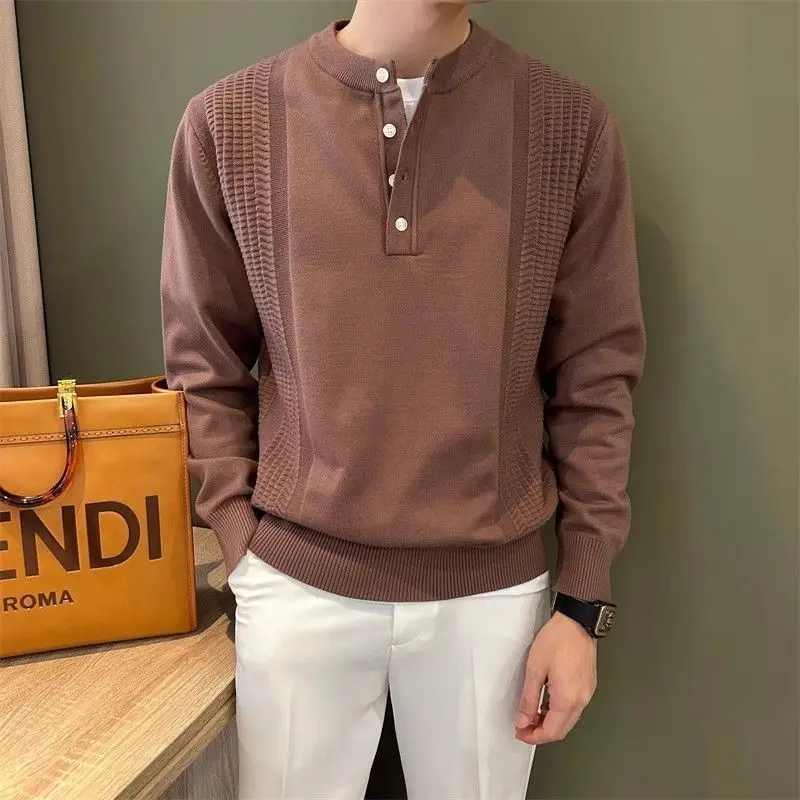 Autumn Winter Henley Collar Button Sweater Men's Casual Long Sleeve Knitted  Pullover Tops Office Gentleman Jacquard Base Jumper