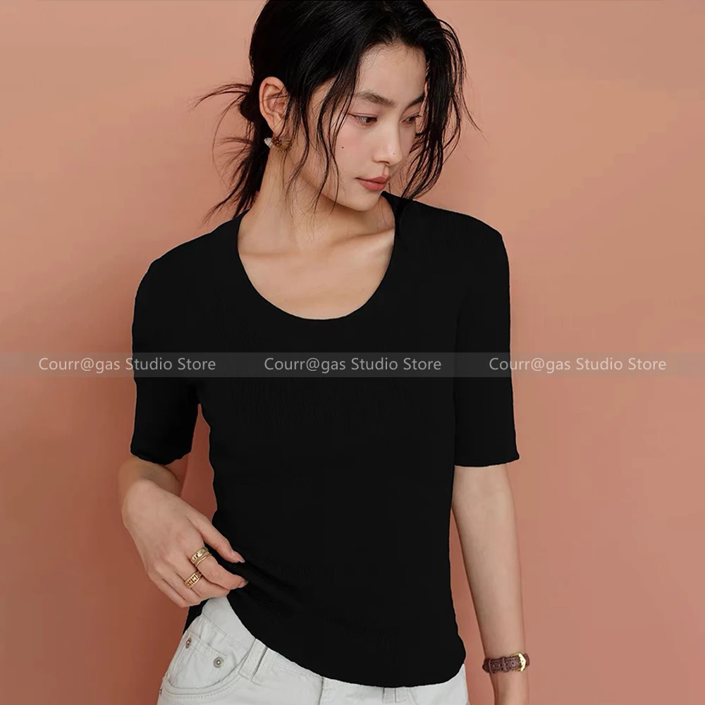 

Black U-neck short-sleeved knit sweater female summer 2024 new Slim thin temperament versatile tops