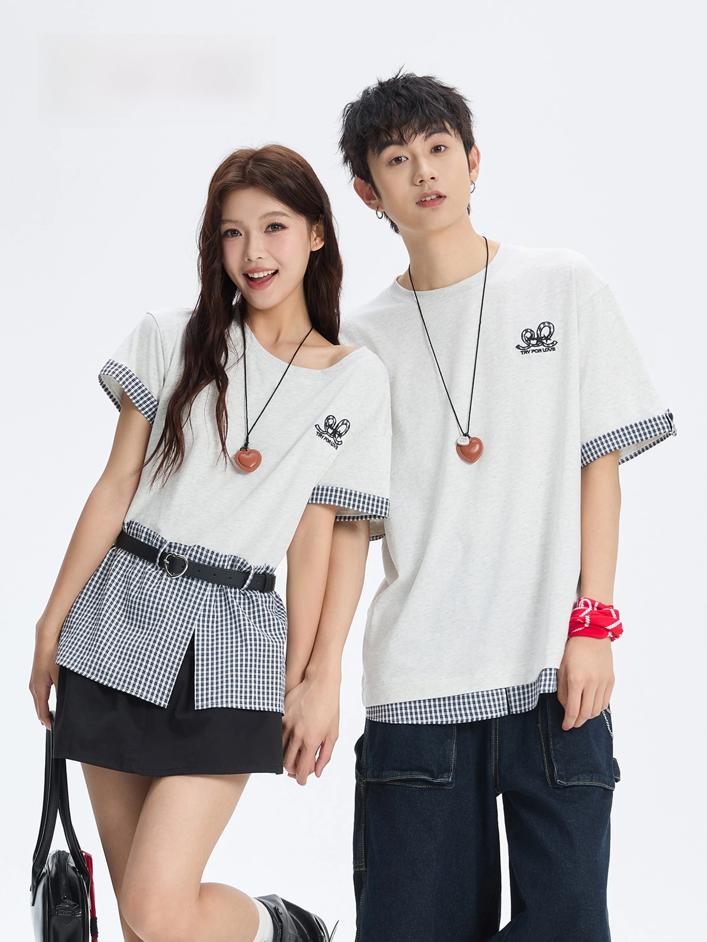 

Couple Matching Plaid Design Short Sleeve T-Shirt Shoulder Bared Top for Men And Women Summer New Style Casual Comfortable Co...