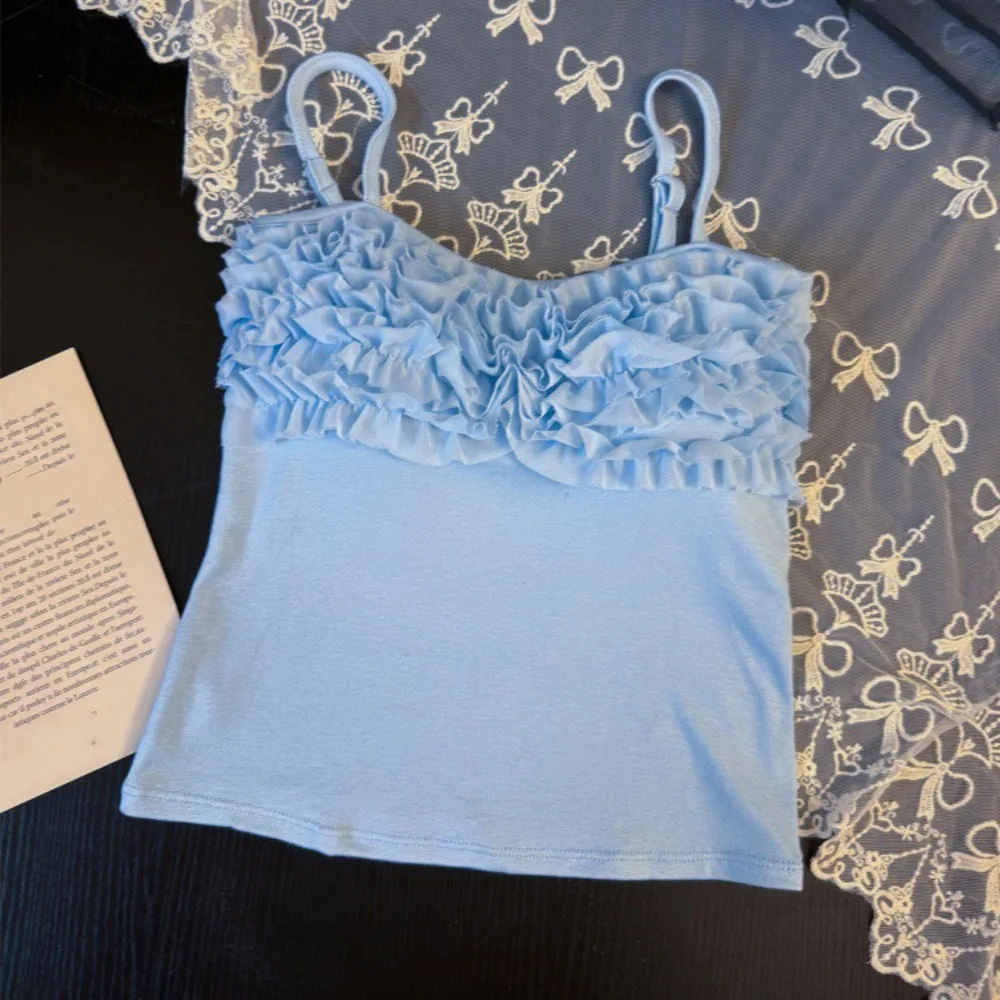 

Square Neck Women's Camisole Ruffled Edge Chest Wrapping Slim Crop Top With Pads Suspender Bras Sleeveless Sweet Girl's Tank Top