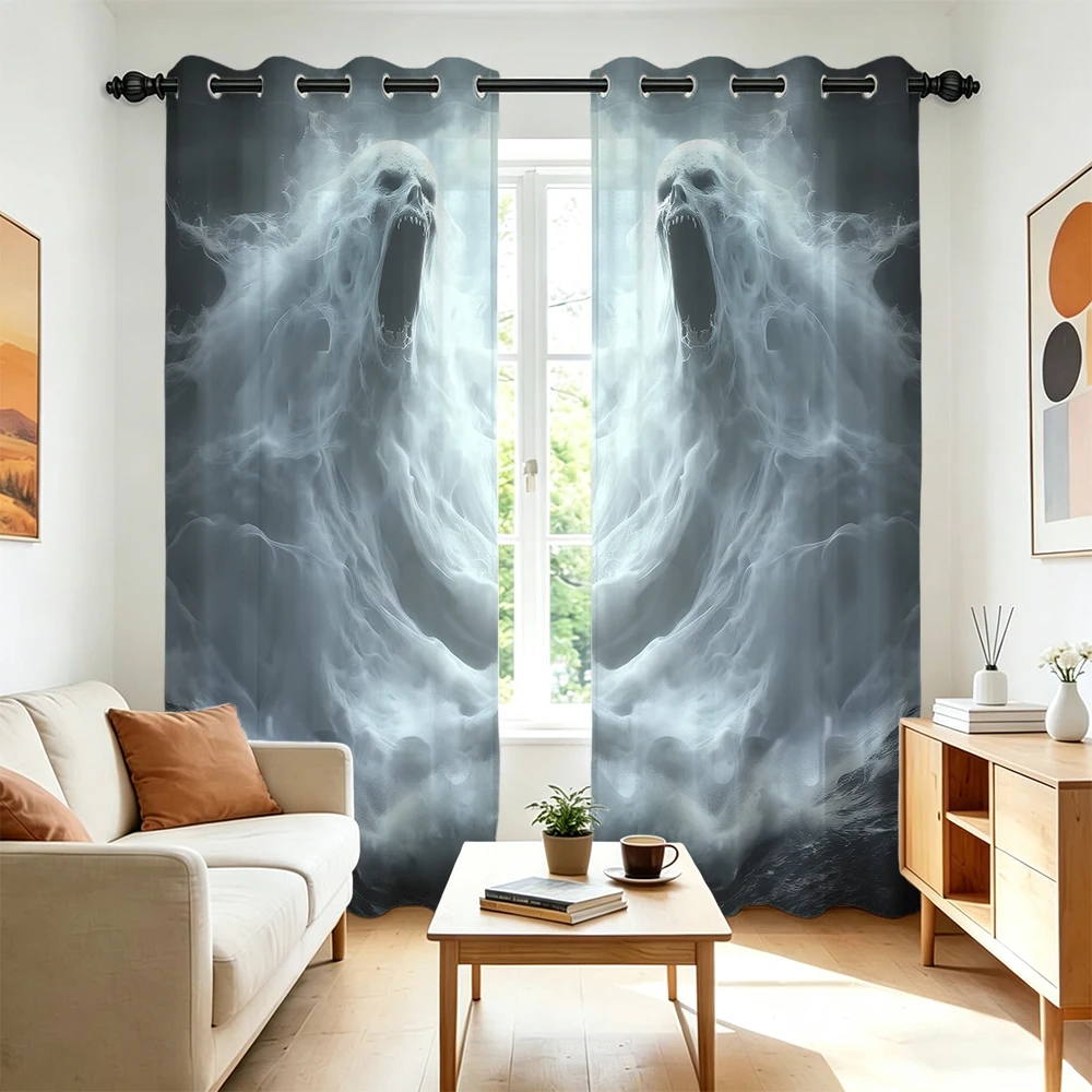 2Pcs Gothic Smoke Skeleton Evil Spirit Curtains Perforated Hole‑Punch Blackout Privacy Window Drapes For Living Room Bedroom