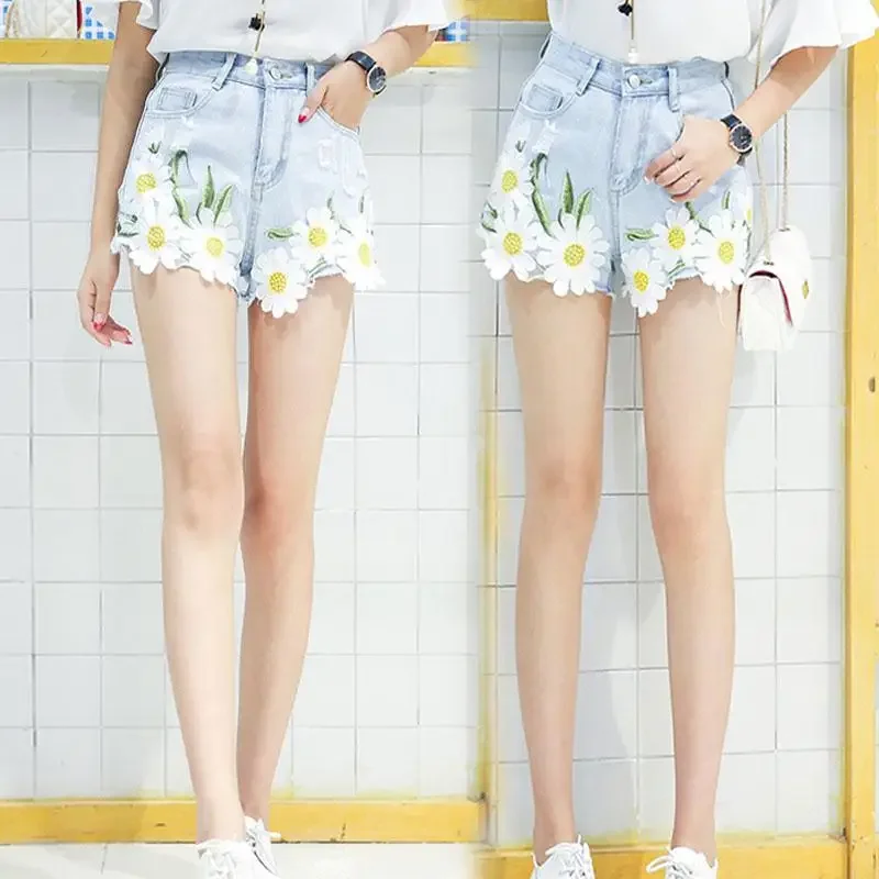 Woman Fashion Clothing 2025 Comfy Hot Youthful Harajuku Jorts Summer Flowers Denim Shorts for Women High Waist Short Jean Pants
