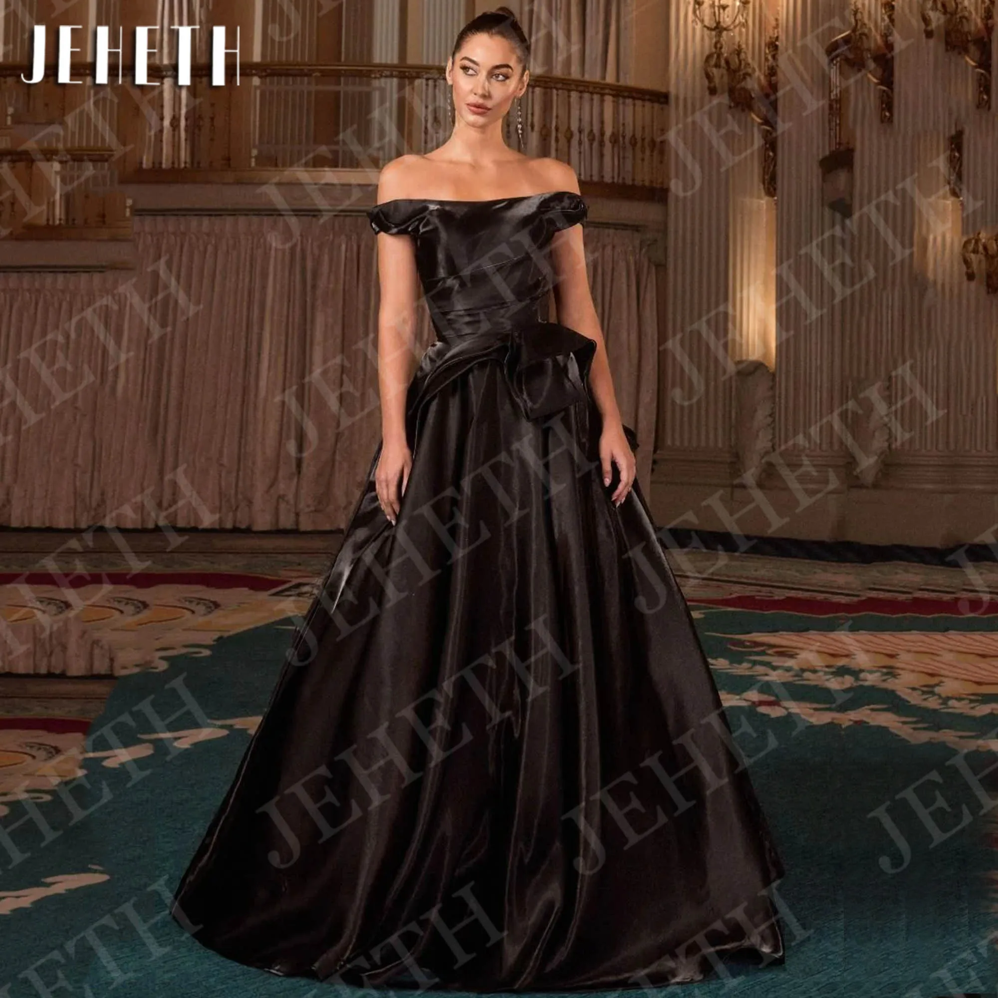 

JEHETH Elegant Customized Evening Party Dresses Off Shoulder Satin A Line Prom Dress Long Pockets vestidos de fiesta elegantes