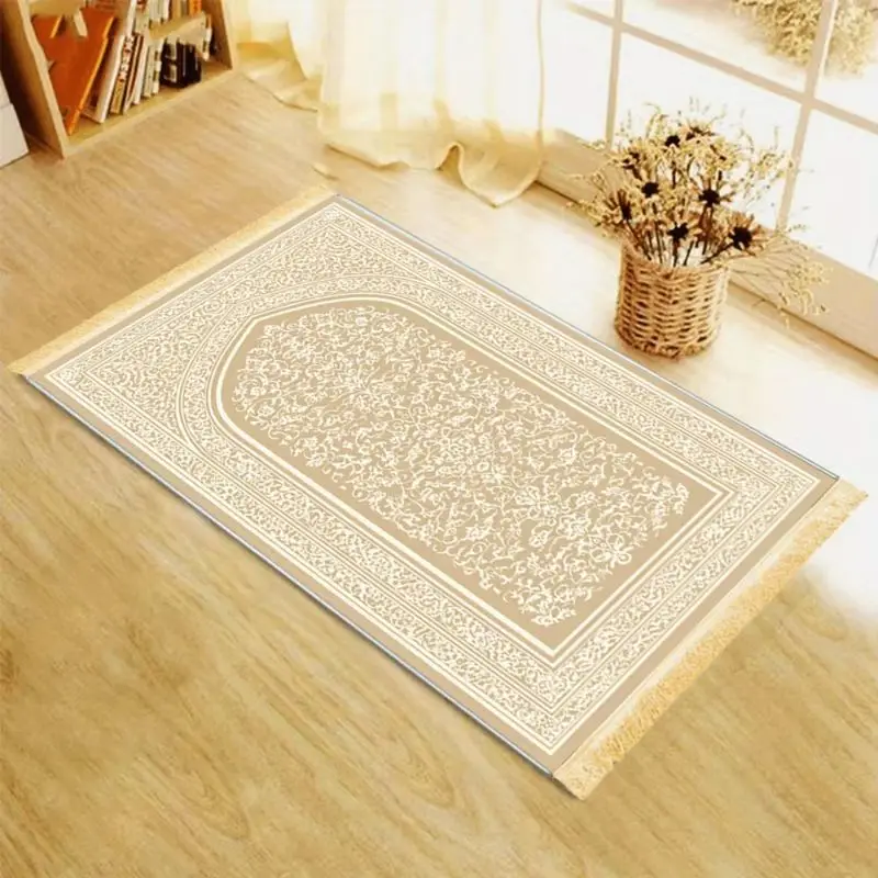 VIKAMA Fringed Light Beige Floral Pattern Muslim Prayer Mat Arch Design Sajadah Rug Ramadan Eid Gift For Men Women