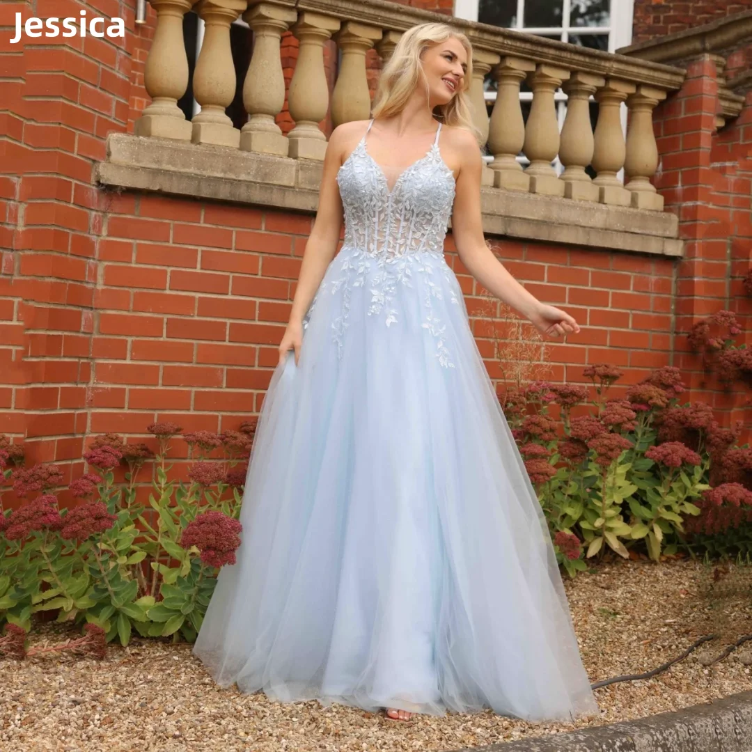 

Jessica Sweetheart Light Blue Wedding Dress Embroidered Sequined Tulle Prom Dresses Corset Princess Bespoke Occasion Dresses