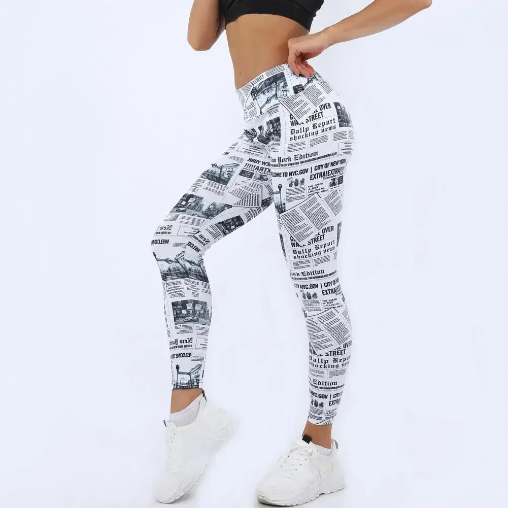 TPJB Yoga-Hose für Damen, lässig, dehnbar, atmungsaktiv, Zeitungsbriefdruck, modisch, sexy Workout-Leggings, Hose für Übungen