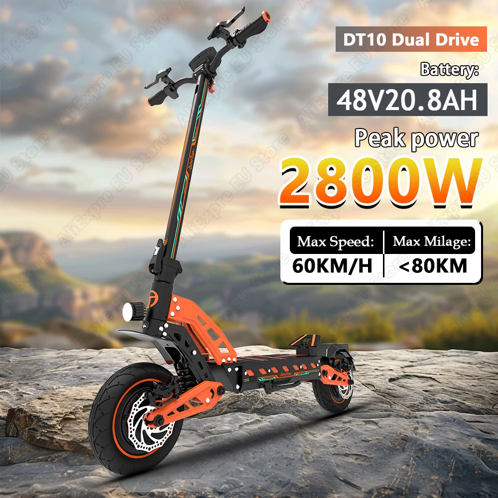 Scooter elettrico a doppia trazione DT10 Picco 2800 W, batteria 48 V 20,8 Ah Velocità massima 70 KM/H, chilometraggio massimo 60-80 KM E-Scooter Pneumatico 10 * 3,0