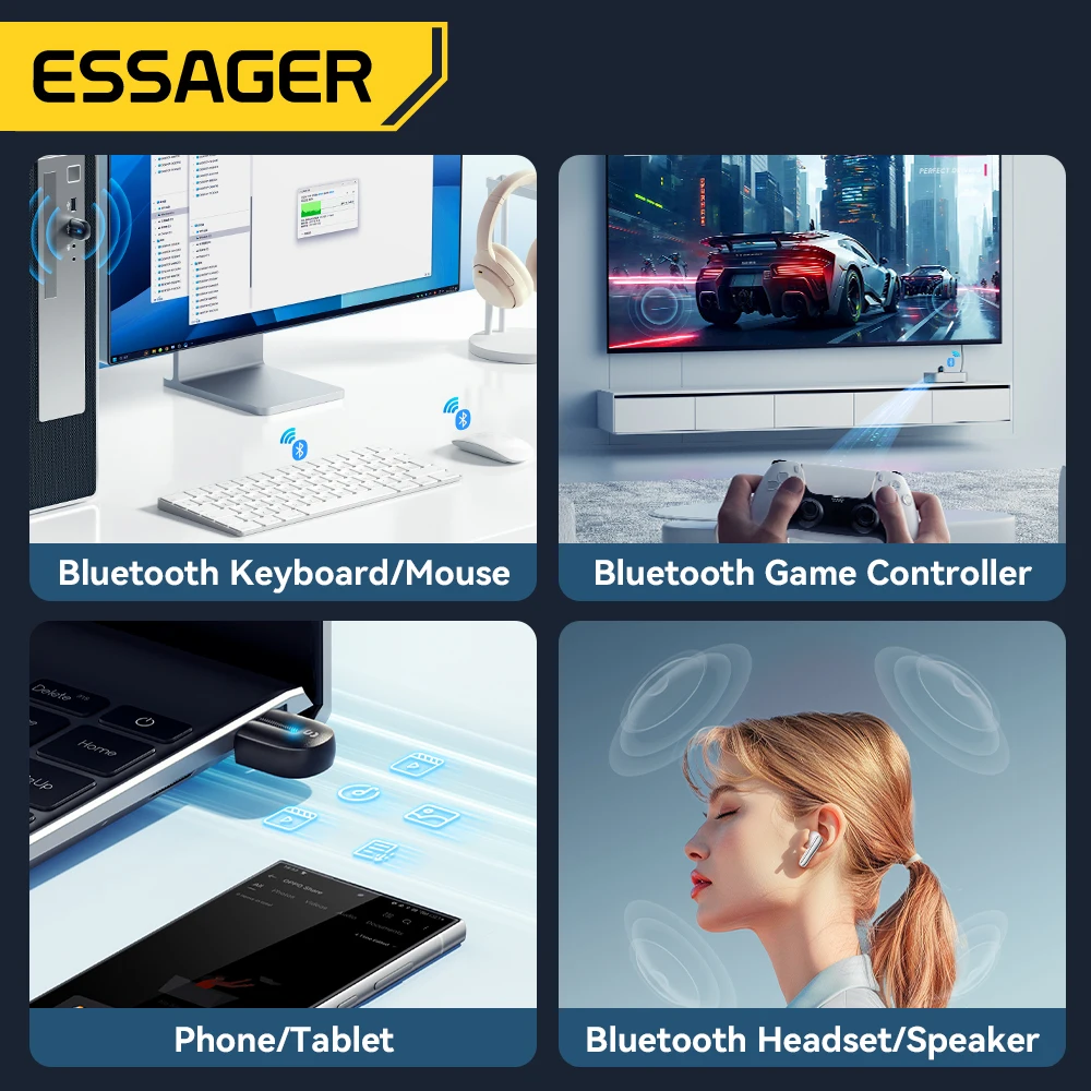 USB-адаптер Essager Bluetooth 5,3 для ПК, ноутбука, динамика, аудиоресивера, беспроводной мыши, клавиатуры, USB-передатчик