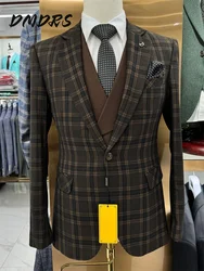 Formal Dark Brown Plaid Men's Suit set For Wedding Dress Elegant Single Breasted Jacket Vest Pants For Business Men Groomsmen