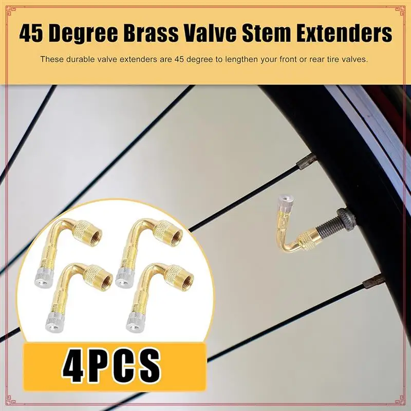 4 Pcs 45-Degree Tire Valve Stem Extension Adapters Brass Valve Extenders For Tires Of Cars RV Motorcycles (Gold)