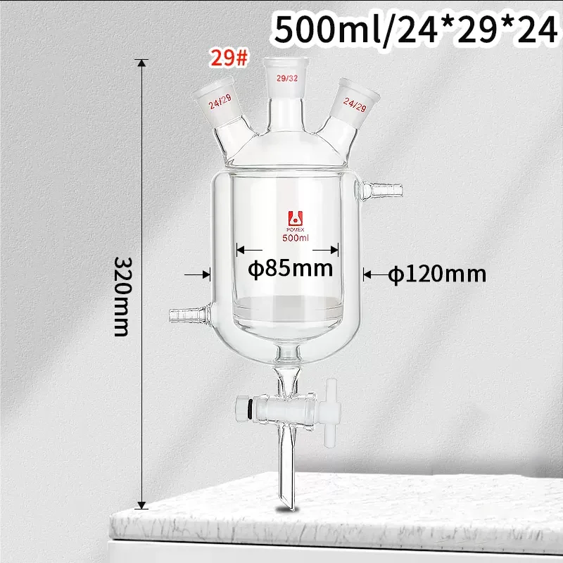 Three Double-jacketed Reaction Flask Tetrafluoro Piston Valve Discharge Port Sand Plate Jacketed Reactor 100/250/500/1000/2000ml