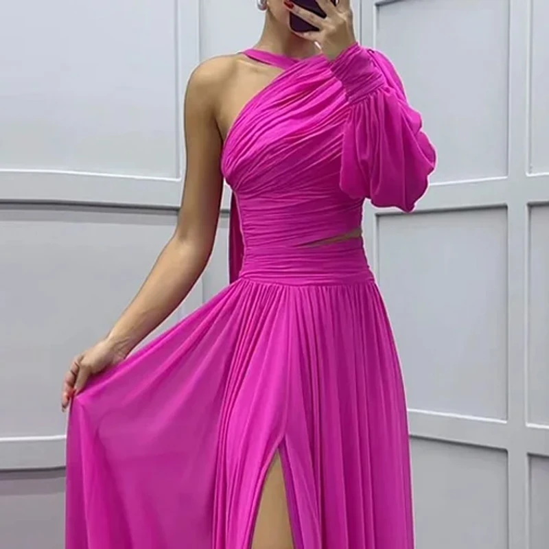 Ellafads Maxi Dress Women Summer Elegant One Shoulder Long Sleeve Hollow Solid Pleated Nipped Waist Slit Evening Maxi Dresses