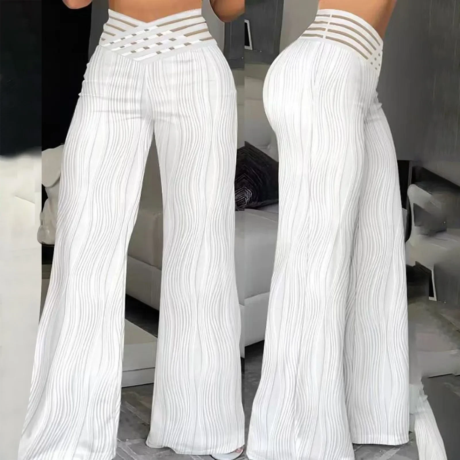 Ladies Trousers Elegant Crisscross Sheer Mesh Patch Casual High Waist Flared Pants