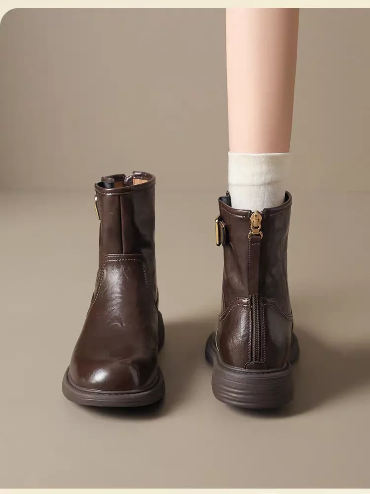 Damen Vintage Leder Stiefeletten Flache Ankle Boots Reißverschluss Hinten Schnalle Runde Spitze Bequeme Herbst Wanderschuhe Kurze Stiefel Weich Niedriger Absatz Retro Schnallenstiefel Freizeit – Detail 2