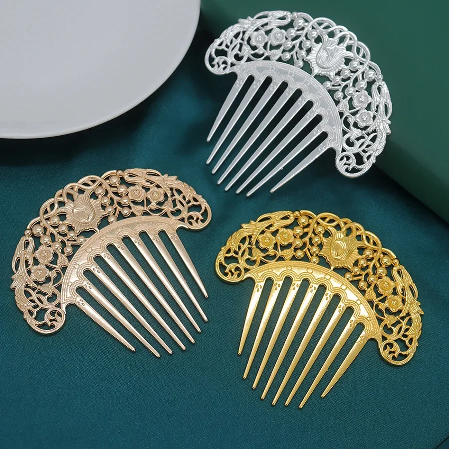 New Chinese Hairpin Retro Hair Comb Hanfu Dish Hairpin Hair Ornament Hollow Carved Comb Gold Ornament Metal Comb